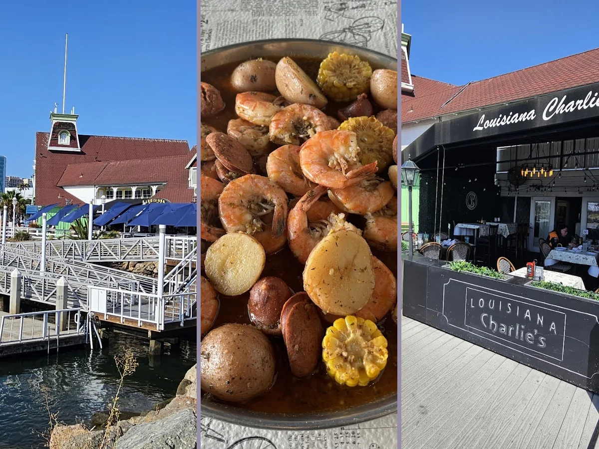 Outdoor seating with harbor views and drinks.