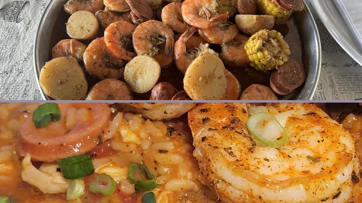 Seafood and barbecue plates on a restaurant table.