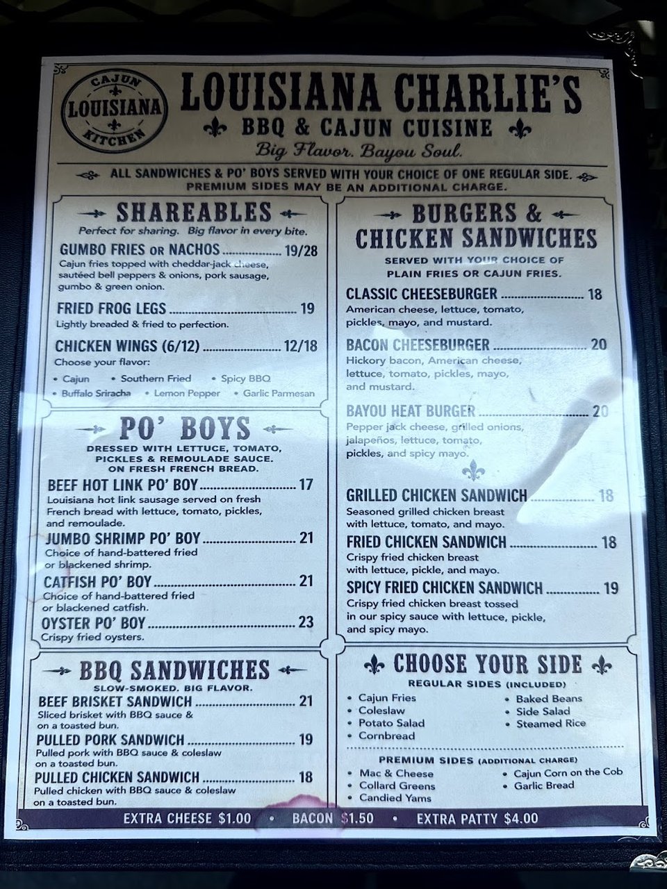 Menu page with Cajun and Creole dishes.